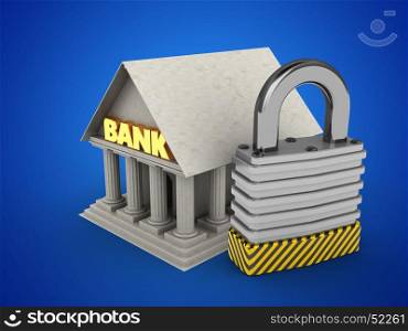 3d illustration of Bank over blue background with padlock. 3d Bank