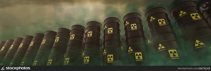 3d illustration of barrels with radioactive material, radioactive contamination concept