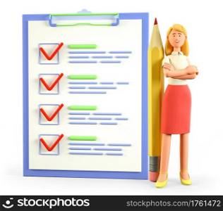 3D illustration of beautiful blonde woman standing with huge pencil nearby a giant marked checklist on a clipboard paper, questionnaire, customer survey form. Successful completion of business tasks.