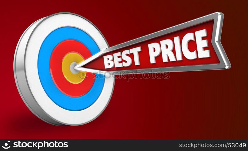 3d illustration of best price arrow with archery target over red background