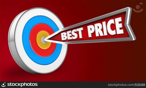 3d illustration of best price arrow with archery target over red background