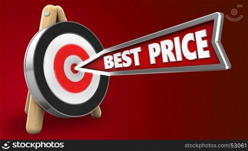3d illustration of best price arrow with archery target stand over red background