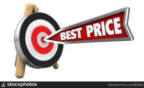 3d illustration of best price arrow with archery target stand over white background