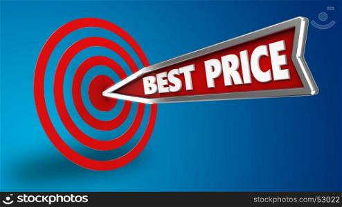 3d illustration of best price arrow with circles target over blue background