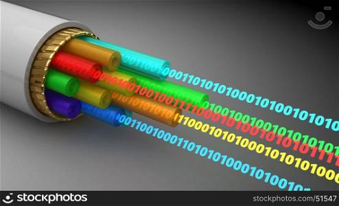 3d illustration of binary digital data inside fiber optics cable, over dark background