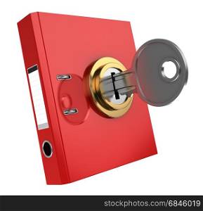 3d illustration of binder folder locked with key. binder folder locked