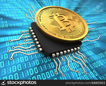 3d illustration of bitcoin over binary background with cpu. 3d bitcoin with cpu