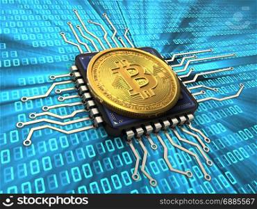 3d illustration of bitcoin over binary background with cpu. 3d bitcoin with cpu