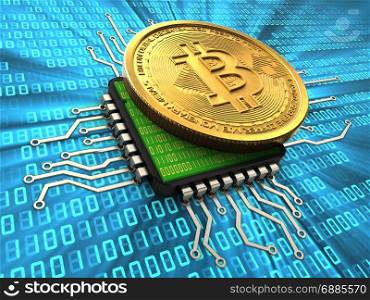 3d illustration of bitcoin over binary background with cpu. 3d bitcoin with cpu