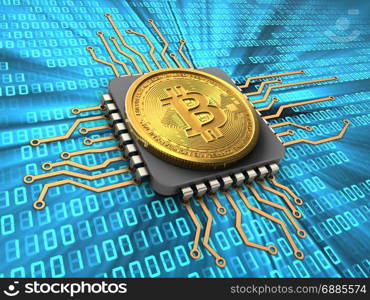 3d illustration of bitcoin over binary background with cpu. 3d bitcoin with cpu