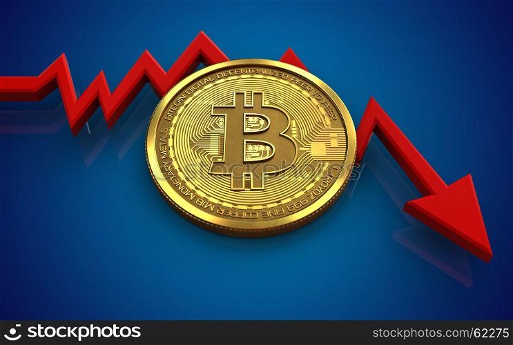 3d illustration of bitcoin over blue background with failure diagram. 3d bitcoin failure diagram