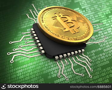 3d illustration of bitcoin over green background with cpu. 3d bitcoin with cpu