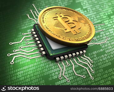 3d illustration of bitcoin over green background with cpu. 3d bitcoin with cpu