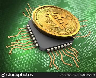 3d illustration of bitcoin over green background with cpu. 3d bitcoin with cpu