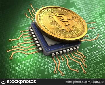 3d illustration of bitcoin over green background with cpu. 3d bitcoin with cpu
