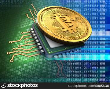 3d illustration of bitcoin over green background with cpu blue. 3d bitcoin with cpu blue