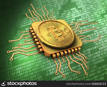 3d illustration of bitcoin over green background with cpu gold. 3d bitcoin with cpu gold