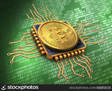 3d illustration of bitcoin over green background with cpu gold. 3d bitcoin with cpu gold