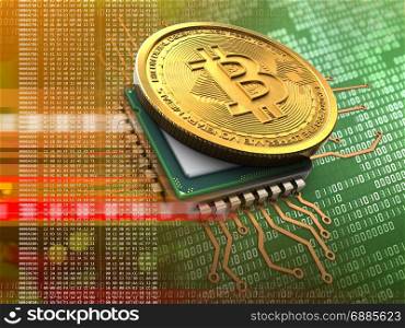 3d illustration of bitcoin over green background with cpu orange. 3d bitcoin with cpu orange