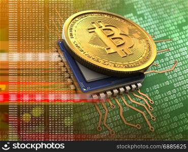 3d illustration of bitcoin over green background with cpu orange. 3d bitcoin with cpu orange