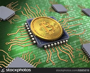 3d illustration of bitcoin over green background with processors. 3d bitcoin with processors