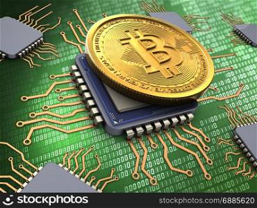 3d illustration of bitcoin over green background with processors. 3d bitcoin with processors