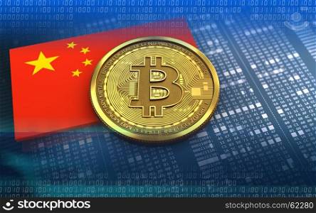 3d illustration of bitcoin over hexadecimal background with china flag. 3d bitcoin china flag