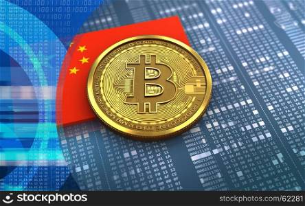 3d illustration of bitcoin over hexadecimal background with china flag. 3d bitcoin china flag