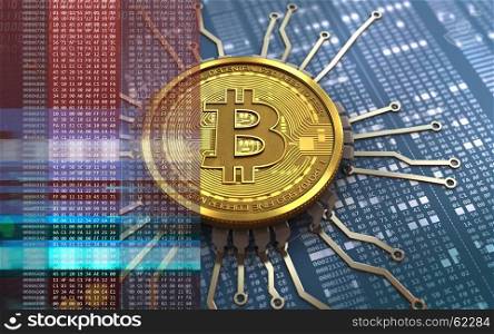 3d illustration of bitcoin over hexadecimal background with chip schema. 3d bitcoin chip schema