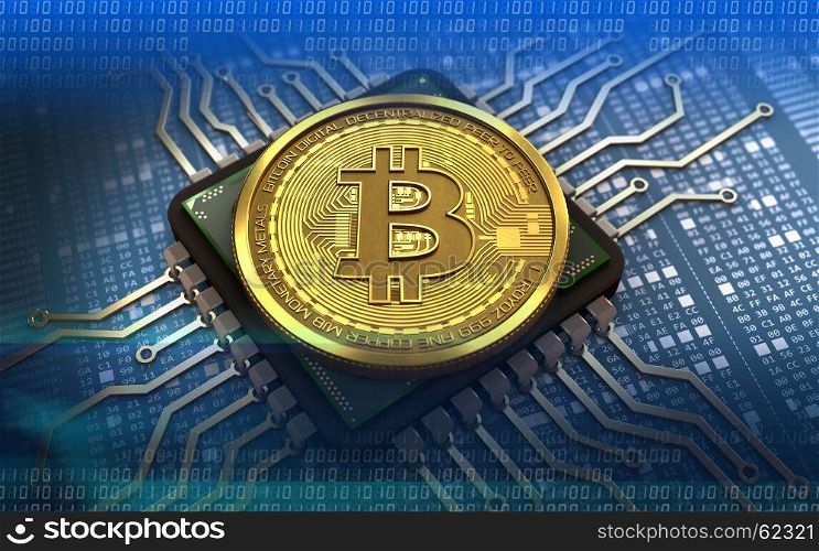 3d illustration of bitcoin over hexadecimal background with computer chip. 3d bitcoin computer chip