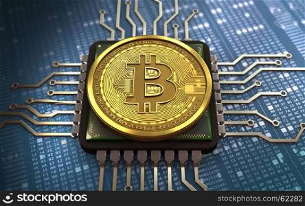 3d illustration of bitcoin over hexadecimal background with CPU. 3d bitcoin CPU