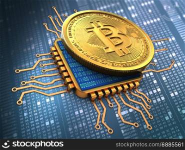 3d illustration of bitcoin over hexadecimal background with cpu gold. 3d bitcoin with cpu gold