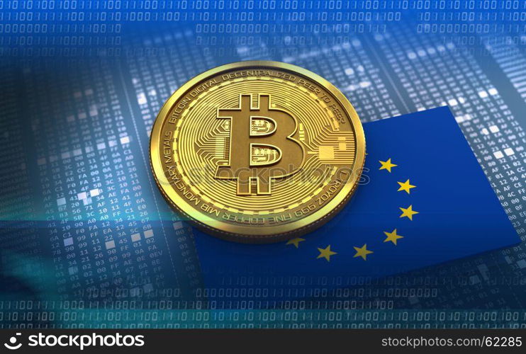 3d illustration of bitcoin over hexadecimal background with EU flag. 3d bitcoin EU flag