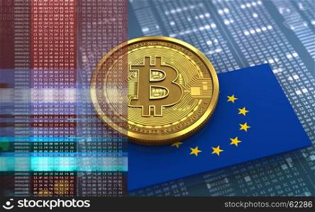 3d illustration of bitcoin over hexadecimal background with EU flag. 3d bitcoin EU flag