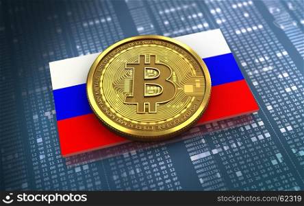 3d illustration of bitcoin over hexadecimal background with Russia flag. 3d bitcoin Russia flag