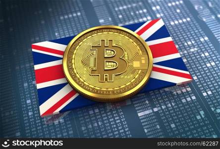 3d illustration of bitcoin over hexadecimal background with UK flag. 3d bitcoin UK flag