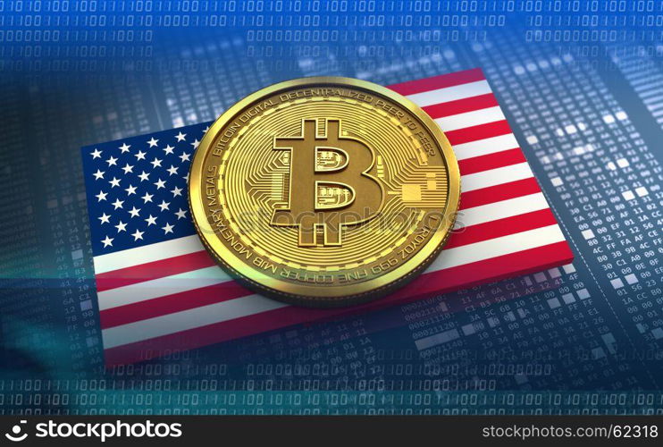 3d illustration of bitcoin over hexadecimal background with USA flag. 3d bitcoin USA flag