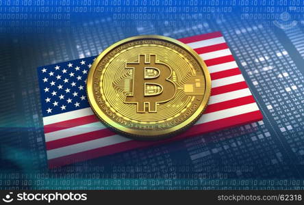 3d illustration of bitcoin over hexadecimal background with USA flag. 3d bitcoin USA flag