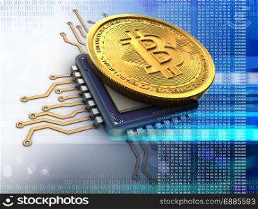 3d illustration of bitcoin over white background with cpu blue. 3d bitcoin with cpu blue