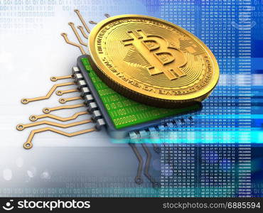 3d illustration of bitcoin over white background with cpu blue. 3d bitcoin with cpu blue
