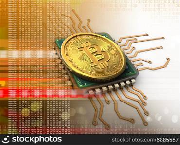 3d illustration of bitcoin over white background with cpu orange. 3d bitcoin with cpu orange