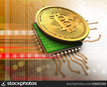 3d illustration of bitcoin over white background with cpu orange. 3d bitcoin with cpu orange