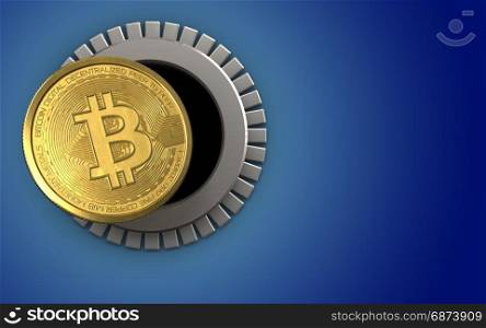 3d illustration of bitcoin storage over blue background. 3d bitcoin over blue