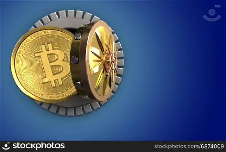 3d illustration of bitcoin storage over blue background. 3d bitcoin over blue