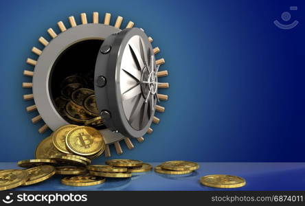 3d illustration of bitcoins heap storage over blue background. 3d bitcoins heap over blue