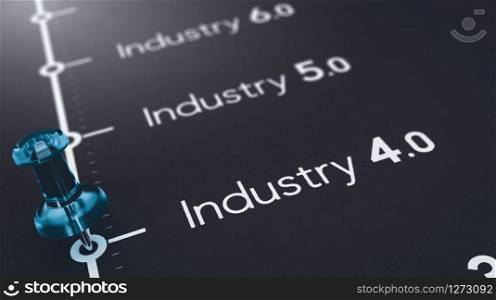 3D illustration of black paper with the text industry 4.0, 5.0 and 6.0 and a blue pushpin. Concept of futures industrial revolutions.. Industry 4.0 and the next manufacturing evolutions