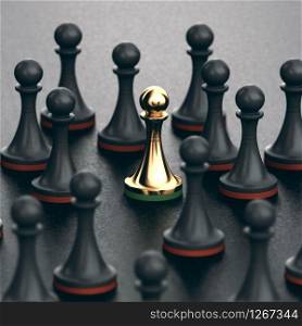 3D illustration of black pawns and focus on a golden one. Concept of uniqueness and talent.. Concept of uniqueness and talent.