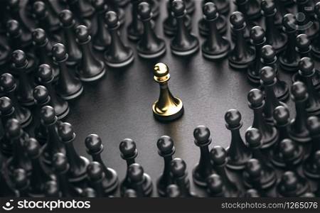 3D illustration of black pawns around a golden one standing out from the crowd. Concept of leadership. Outstanding Person Standing Out From The Crowd and catching audience attention