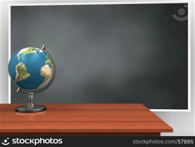 3d illustration of blackboard with and globe. 3d blackboard