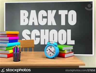 3d illustration of blackboard with back to school text and alarm clock. 3d blackboard